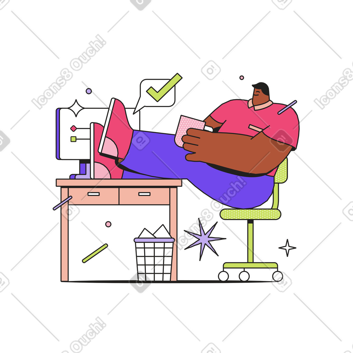 Ilustração animada de Office worker with coffee cup and computer, Taking a rest at work or workplace break em no estilo Dazzle para baixar em GIF, Lottie (JSON), AE