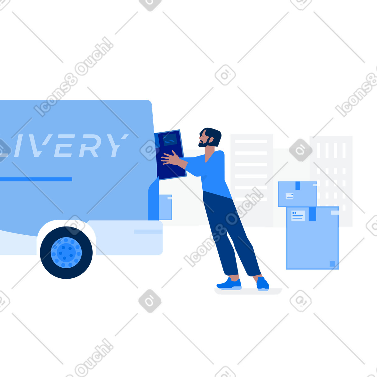 Ilustração de Entregador carregando pacotes no carro em estilo Urban para baixar em PNG, SVG