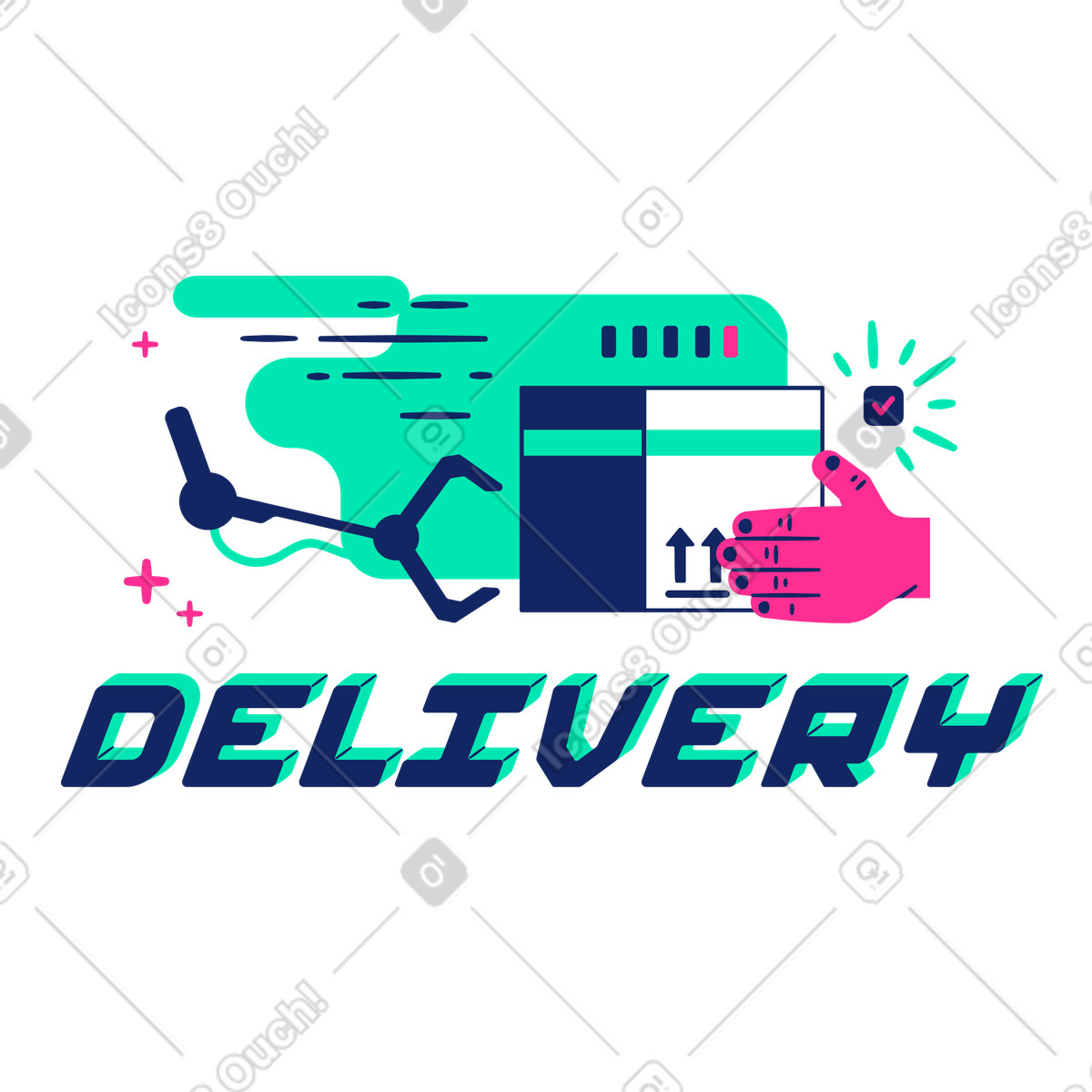 Delivery lettering and giving parcel to robotic arm illustration in Cyborg style download in PNG, SVG