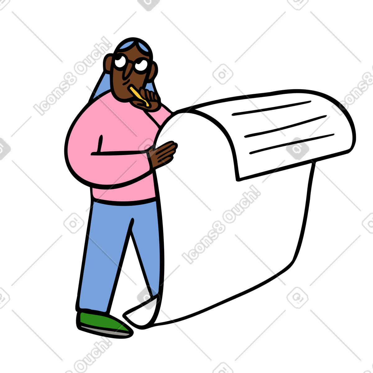 Woman with paper document thinking illustration in Comic style download in PNG, SVG