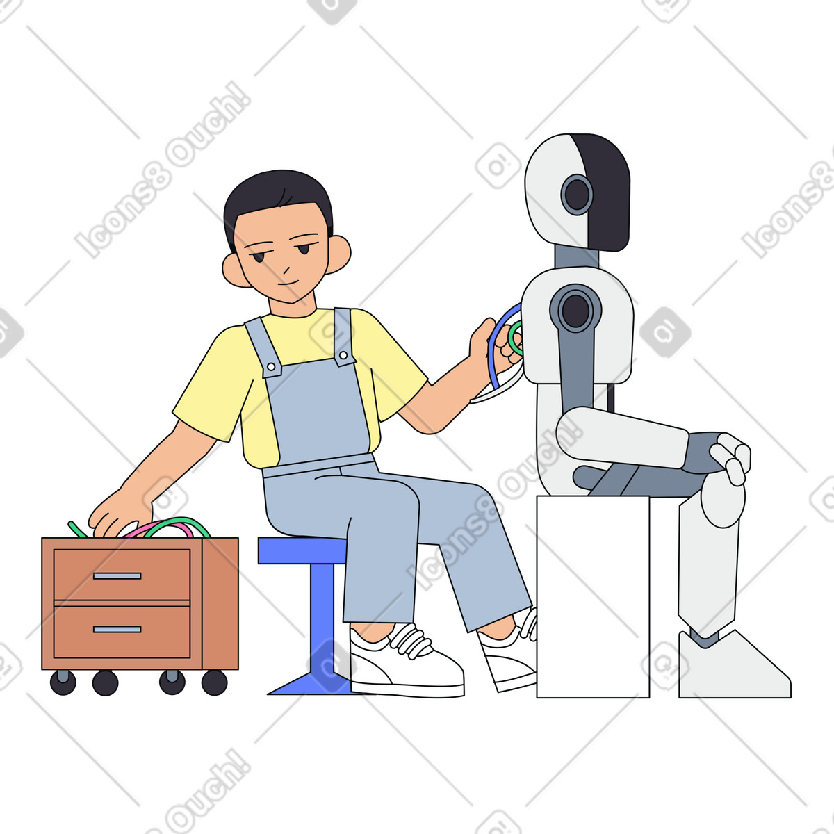 Technician repairing humanoid robot illustration repair clipart image in PNG SVG GIF