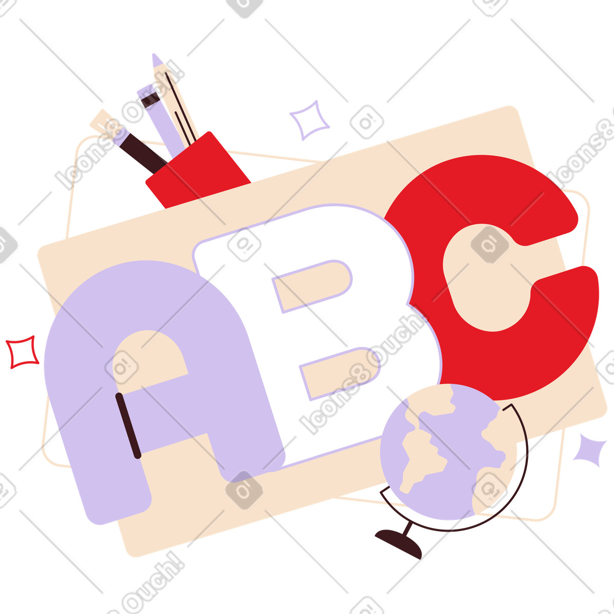 ABC letters and school supplies, Early childhood education illustrazione in stile Folks scarica in PNG, SVG