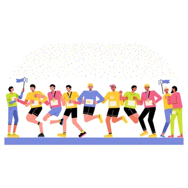A group of marathon finishers running energetically across the finish line. Each runner is wearing colorful athletic gear, with some sporting medals around their necks. Above them, a vibrant shower of multicolored confetti falls from the sky, creating a festive atmosphere. The runners exhibit a range of emotions, from joy to exhaustion, as they celebrate their achievement. The background features cheering spectators waving banners and holding signs in encouragement.