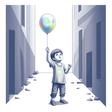 A child stands in a narrow, rundown alley. The child is wearing tattered clothes, with frayed edges and visible patches. They are holding a balloon with a bright, colorful design, gripping it tightly with one hand. The alley is lined with crumbling brick walls and scattered debris. Shadows cast by the surrounding buildings create a sense of depth in the scene. The child looks up at the balloon, creating a moment of contrast between their worn appearance and the vibrant object they hold.
