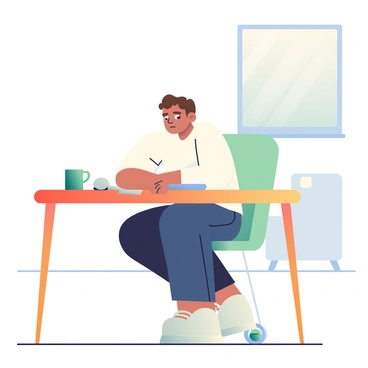 A person with short brown hair is sitting at a wooden desk in an empty room. The person is wearing a white shirt and dark jeans, their expression is focused yet slightly tense, as if they are aware of an unseen observer. The desk is cluttered with a few scattered papers and a green coffee mug. Soft light filters through a single window, casting gentle shadows on the pale walls. The atmosphere of the room is quiet, with only the faint outline of furniture visible in the background.