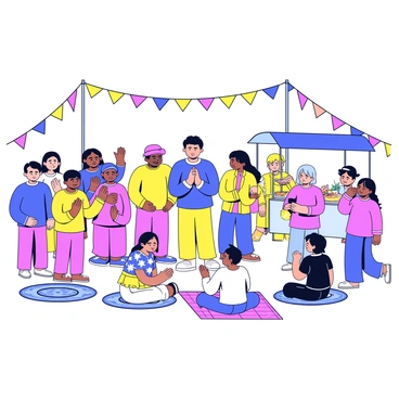 A vibrant cultural festival scene with a diverse group of people gathered together. Some individuals are wearing traditional clothing in bright colors, while others are dressed in contemporary attire. In the center, a small group of people has paused, standing with their heads bowed in a moment of prayer. Colorful banners and decorative lights hang above the crowd. Nearby, a food stall displays a variety of local delicacies. The ground is covered with patterned rugs and mats where people are sitting and enjoying the festivities.