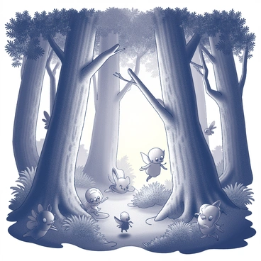 A dense forest filled with towering trees. The trees have intricate, twisting branches and bark resembling ancient runes. Some trees emit a soft, luminescent glow that illuminates the surrounding area in a gentle light. Among the trees, various whimsical creatures can be seen emerging; these include small faeries with delicate wings and playful expressions, as well as curious woodland animals with exaggerated features, such as large eyes and oversized ears. The forest floor is covered in lush vegetation, with ferns and moss creating a rich texture. The scene has a lively yet enchanting atmosphere as the creatures interact playfully among the glowing trees.