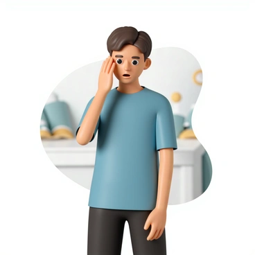 A person, wearing a blue t-shirt and black jeans, stands with their head tilted down. They have short brown hair and a surprised expression on their face, partially obscured by their hand as they perform a facepalm gesture. Their other arm hangs loosely by their side. In the background, there are blurred shapes that suggest a casual indoor setting. The lighting is soft, highlighting the person's contrasting facial features.