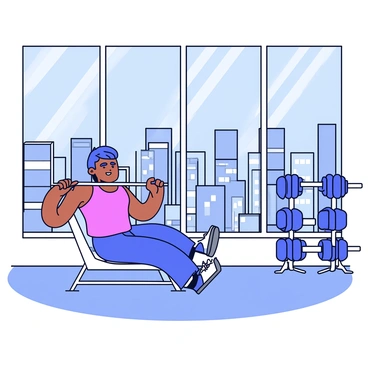 A modern gym with large, floor-to-ceiling windows that provide a panoramic view of a city skyline filled with tall buildings. Inside the gym, a person is performing a seated cable row exercise. The individual has a focused expression and is holding onto a cable attachment with both hands. The gym is equipped with various exercise machines and free weights, neatly organized in the background. Sunlight streams in through the windows, illuminating the gym equipment.