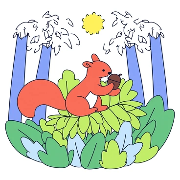A playful squirrel with a bushy tail is perched on a vibrant green fern. The squirrel is nibbling on a brown acorn held in its paws. Sunlight filters through the leaves of tall trees, casting dappled light on the forest floor. The fern has delicate fronds that sway slightly, creating a lively atmosphere in the scene. The background features a variety of green foliage, adding depth to the forest setting.