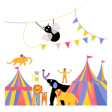 A small black fly with iridescent wings is performing acrobatics in a lively circus setting. The fly is swinging confidently on a colorful trapeze, executing a flip in mid-air. Below, a vibrant audience of cartoon animals, including a lion, an elephant, and a group of cheering monkeys, watch in excitement. Brightly colored circus tents are visible in the background, and colorful streamers are hanging from above, adding to the festive atmosphere. The scene is filled with a sense of joy and energy, capturing the thrill of the circus performance.