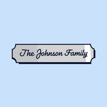 A doorplate mounted on a wooden front door. The doorplate is rectangular and made of brushed metal. "The Johnson Family" is elegantly written in an italic font across the surface. The lettering is black and contrasts with the silver background of the doorplate. The door is painted in a soft blue color with a smooth finish.