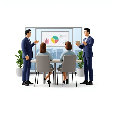 A financial broker with short black hair and wearing a navy blue suit stands in an office setting. He is facing a client, who has shoulder-length brown hair and is dressed in a light blue blouse. The broker is gesturing towards a large digital screen displaying colorful graphs and charts that represent investment data. The background features a modern office with sleek furniture and large windows showing a cityscape outside. The atmosphere is professional and focused.