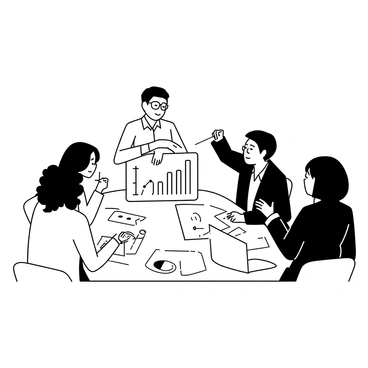 A group of four employees is seated around a rectangular table. Each person is engaged in discussion, with a mix of expressions indicating focus and enthusiasm. One employee, a man with short hair wearing a checked shirt, is pointing at a large chart in the center of the table. Another employee, a woman with curly hair wearing glasses, is taking notes on a notepad. A third employee, a man in a suit, is looking intently at a graph projected on a laptop in front of him. The fourth employee, a woman with straight hair wearing a blazer, is leaning forward, contributing to the conversation. The table is covered with various charts and graphs, showing trends and data points in a clear manner.