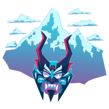 A detailed hannya mask with intricate carvings and vivid colors, displaying an intense expression with sharp horns and fierce eyes. The mask is centrally placed in the image, while a majestic mountain range looms in the background, with jagged peaks and snow caps. The sky is bright with wispy clouds, contrasting with the earthy tones of the mountains. The setting creates a striking visual balance between the mask and the natural landscape.