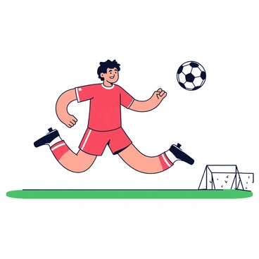 A player in a red jersey is captured in mid-air, elegantly dodging a flying soccer ball. The player has a focused expression, with their body slightly tilted backward and arms extended for balance. The scene emphasizes the motion of the ball, which is blurred to showcase its speed, while the player's movements are crystal clear, highlighting the agility and skill involved in the dodge. The background features a green soccer field, with goalposts visible in the distance.
