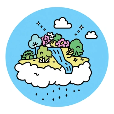 A floating island, suspended in the sky, features several waterfalls cascading into a thick layer of clouds below. The island is adorned with lush greenery, including various trees, vibrant flowers, and dense shrubs. The waterfalls create a sparkling mist as they fall, adding to the ethereal atmosphere of the scene. The sky is a clear blue, contrasting with the vibrant colors of the vegetation on the island.