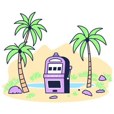 A vintage slot machine stands alone in the center of a desert oasis. The machine is detailed with ornate designs and a lever on the side. Surrounding the slot machine, there are several tall palm trees swaying gently, casting shadows on the sand. The sandy ground is scattered with small rocks and tufts of grass. In the background, rolling sand dunes rise, their curves creating a stark contrast against the clear sky. The oasis appears tranquil, with a small pool of water reflecting the sunlight nearby.
