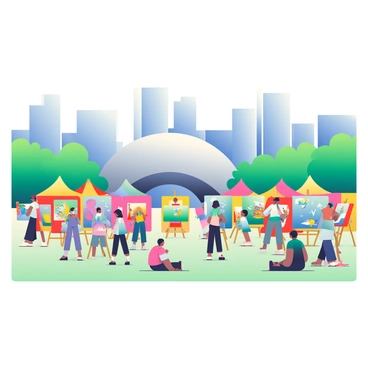 A view of Millennium Park features the iconic Cloud Gate sculpture, also known as "The Bean," reflecting the surrounding skyline. In the foreground, a colorful collection of tents and art displays is set up for a customized art event. Artists are painting on large canvases, showcasing a variety of vibrant colors and styles. Attendees are walking around, admiring the artwork and engaging with the artists. Brightly colored banners hang between the tents, adding to the festive atmosphere. Lush greenery surrounds the area, with people seated on the grass enjoying the event.