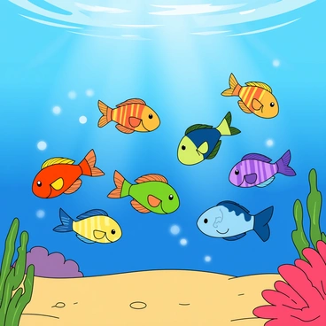 A vibrant underwater scene features a parade of rainbow fish swimming through the blue ocean. Each fish displays bright, colorful scales in a variety of hues, including red, orange, yellow, green, blue, and purple. The fish are different sizes and shapes, some with long fins and others with round bodies. Sunlight filters down from the surface, creating shimmering patterns on the sandy ocean floor. Small bubbles rise around the fish as they glide gracefully through the water, creating a lively atmosphere. A few coral formations in the background add to the underwater beauty, providing a vibrant habitat for the fish.