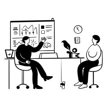 A financial advisor sitting at a modern desk, pointing towards a large digital screen displaying a financial dashboard. The screen shows various graphs, charts, and analytics in detail. A pair of clients are seated across from the advisor, looking at the screen with interest. The setting includes a few financial documents and a laptop on the desk, adding to the professional atmosphere.