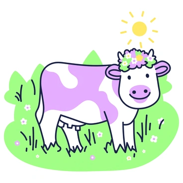 A cow stands in a spring field, displaying a joyful expression. The cow is adorned with a floral crown made of various flowers. The surrounding field is filled with green grass and small wildflowers scattered throughout. In the background, a row of trees can be seen, softly outlined against the sky. The sun is shining, casting a warm light on the scene, highlighting the cow's features and the vibrant colors of the floral crown.
