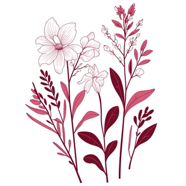 A duotone illustration features intricate and detailed drawings of various flowers and plants. The composition includes several types of flowers with intricate petals, leaves with distinct veins, and stems showcasing their natural curves. Each plant is depicted with great precision, highlighting their unique characteristics. The background complements the botanical elements, emphasizing the beauty and diversity of the flora.