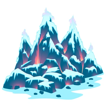 A dramatic mountain range with jagged peaks. Each peak is topped with a thick layer of ice, glistening in the light. Flames erupt from several crevices along the ridges, casting an orange glow against the icy white caps. The contrasting elements of fire and ice create a striking visual impact, as smoke wafts upwards into the clear blue sky. Below, rugged terrain is scattered with boulders and patches of snow, adding to the intensity of the scene.