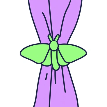 A Victorian curtain tie-back shaped like a resting moth is displayed prominently on a rich, textured curtain. The tie-back features intricate detailing that captures the delicate wings of the moth, which are folded gracefully. The moth's body is elegantly sculpted, showcasing fine patterns and textures. The tie-back is affixed to the curtain at a strategic point, where it holds the fabric neatly in place. The curtain itself has a luxurious drape, adding depth and sophistication to the overall presentation of the tie-back.