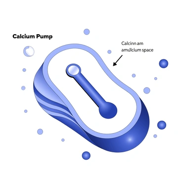 A calcium pump is depicted within the membrane of a muscle cell. The pump is shown with distinct structural components, including a channel and binding sites for calcium ions. Arrows indicate the direction of calcium ions being actively transported from the cytoplasm into the extracellular space. The muscle cell is detailed, showcasing its elongated shape and striations, with a surrounding environment that indicates cellular context. Small spheres representing calcium ions are illustrated near the pump, emphasizing the movement process.
