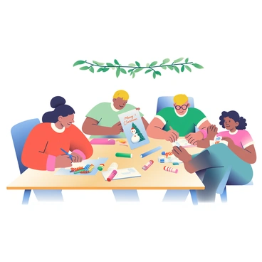 A group of five people is gathered around a wooden table, focused on creating handmade Christmas cards. One person, a woman with dark brown hair in a bun, is cutting colorful paper with scissors. Another person, a man with short blonde hair, is gluing sequins onto a card featuring a snowman, while a child with curly hair is drawing a Christmas tree with crayons. A woman with glasses is writing “Merry Christmas” in elegant handwriting on a card. The table is covered with various craft supplies, including glitter, ribbons, and markers. A festive garland of holly hangs above the table, adding to the Christmas atmosphere.