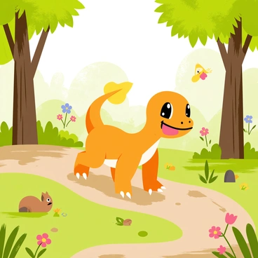 A Charmander with bright orange scales is happily exploring a lush green forest. Its cheerful expression shows curiosity as it walks along a winding path covered in brown leaves. The tail flame, glowing brightly, casts a warm light that illuminates the surrounding foliage. Tall trees with thick trunks and vibrant green leaves frame the scene, while colorful wildflowers bring splashes of color to the ground. Small critters, like a curious squirrel and a fluttering butterfly, are nearby, adding to the lively atmosphere of the forest.