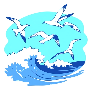 A group of seagulls with white feathers is soaring gracefully above blue crashing ocean waves. The waves are frothy and rise high, creating a dynamic contrast to the flight of the birds. The seagulls are gliding in various directions, some with wings fully extended, while others are preparing to dive toward the water. The sky is a bright blue, enhancing the vivid scene of nature's movement and energy.