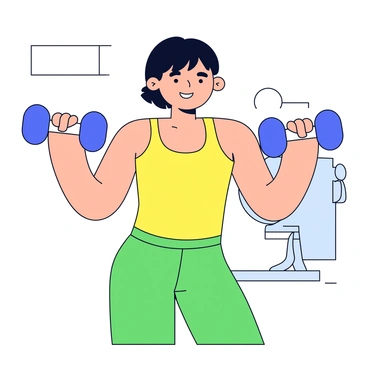 A fit individual wearing a bright yellow tank top and green leggings is demonstrating lateral raises with dumbbells. The person has a focused expression on their face, and their arms are extended out to the sides, holding a pair of blue dumbbells. The background is a simple, clean gym setting with minimal equipment visible.