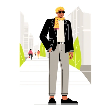 A stylish individual standing confidently on a city sidewalk. The person is wearing a modern, fitted black jacket over a crisp white shirt. They have on tailored gray pants and sleek, shiny black shoes. Accessories include a bold, patterned scarf and oversized sunglasses. The urban setting features tall buildings and a hint of greenery from nearby plants, contributing to the lively city atmosphere. The sidewalk is bustling with the distant silhouettes of pedestrians and vehicles, enhancing the vibrant urban scene.