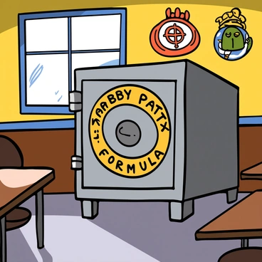 A mysterious locked safe with a shiny metallic surface is prominently displayed in the interior of the Krusty Krab. The safe has a large, circular lock in the center and is labeled with the words "Krabby Patty Secret Formula" in bold, playful letters. The surrounding environment features the classic Krusty Krab decor, including wooden tables and chairs, and nautical-themed decorations on the walls. Soft light filters through a window, casting shadows that enhance the intrigue of the locked safe.