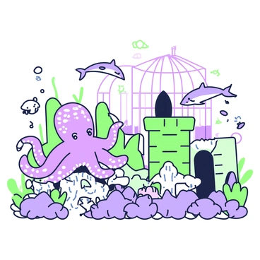 An underwater city is depicted, featuring a variety of buildings shaped like shells and coral structures. Many colorful fish swim among the structures, including schools of small blue fish darting through the streets. In the foreground, a large octopus with intricate patterns on its skin curls around a stone pillar. A group of playful dolphins leaps in the background near a large dome-shaped building made of transparent material, revealing glowing lights from within. Bubbles rise to the surface, creating a sense of movement throughout the scene.