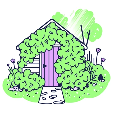 A garden shed is partially obscured by thick ivy growing over its wooden structure. The shed features a slanted roof and a door that is slightly ajar. Surrounding the shed, there are dense bushes with numerous leaves and a few scattered wildflowers peeking through. The ground is covered in a mix of grass and small stones, creating a natural path leading up to the entrance of the shed. Sunlight filters through the leaves of nearby trees, casting gentle shadows on the shed and the surrounding area.