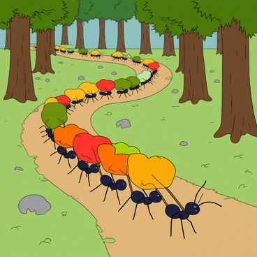 A long line of ants marching along a winding forest trail. Each ant is carrying a large, colorful leaf on its back. The leaves are in vibrant shades of red, orange, yellow, and green, creating a lively contrast against the brown trail. Tall trees with thick trunks and lush green foliage surround the scene, casting dappled sunlight onto the ground. Some ants are smaller, while others are larger, showcasing a variety of sizes within the parade. Various small rocks and twigs are scattered along the trail, adding texture to the environment.