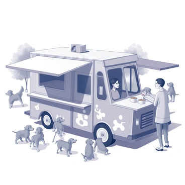 A food truck designed for pets is parked in a dog park. The truck is adorned with images of various dog breeds and silhouettes that indicate it serves pet food. A bright awning extends from the side of the truck, providing shade for the area where samples are being handed out. Several happy puppies of different breeds and sizes are gathered around, eagerly waiting and wagging their tails. A person is standing at the counter of the truck, smiling as they scoop pet food into small containers for the excited puppies. In the background, other park visitors can be seen enjoying the day, and trees provide a natural setting for this lively scene.