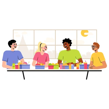 A group of four school kids sitting together at a rectangular cafeteria table. Two boys and two girls are smiling and talking with each other. One boy is wearing a blue t-shirt and has short black hair, while the other boy has curly brown hair and is dressed in a green shirt. One girl has long blonde hair tied in pigtails and is wearing a pink dress, and the other girl has glasses and is wearing a yellow t-shirt. The table is covered with an assortment of colorful lunch boxes, fruits, and drinks. A large window in the background shows a sunny day outside.