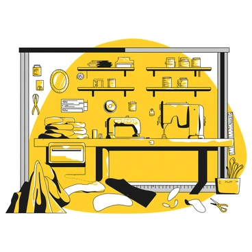 A garage filled with various crafting supplies, featuring shelves lined with spools of yellow thread and containers of buttons. On a workbench, a sewing machine is positioned with a piece of fabric draped over it, showcasing a vibrant pattern. There are stacks of yellow and black fabrics neatly piled nearby, along with scissors, rulers, and a cutting mat scattered on the table. The walls of the garage are adorned with pegboards displaying additional tools and supplies.