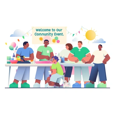 A group of employees is gathered at a community event organized by their company. There are five individuals, each with different skin tones and hairstyles, actively participating in various activities. One employee with short black hair and a blue t-shirt is handing out refreshments from a large table filled with food and drinks. Another employee, a woman with curly brown hair wearing a green polo shirt, is painting faces for children sitting nearby. A third employee, a man with glasses and a white t-shirt, is helping to set up a banner that reads "Welcome to Our Community Event." In the background, colorful balloons are tied to the tables, and a few participants are playing games. The sun is shining brightly, creating a warm atmosphere for the event.