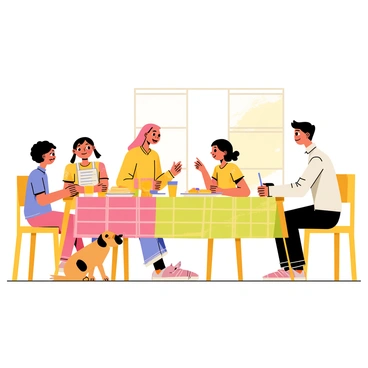 A family gathered around a rectangular wooden breakfast table. The table is covered with a colorful checkered tablecloth, and there are plates of pancakes with syrup, fresh fruit, and glasses of orange juice. Two children, a girl with pigtails and a boy with short hair, are animatedly discussing their plans. The parents, a woman with long hair and a man with glasses, are listening intently. A window in the background lets in warm sunlight, illuminating the scene. A family dog is sitting by the table, looking up at everyone.