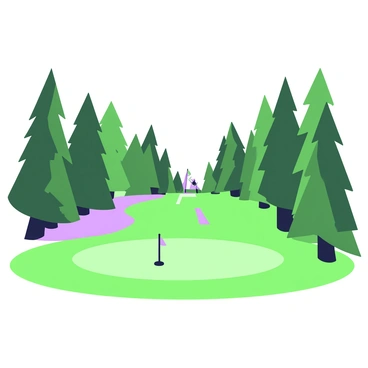A golf hole is visible in the foreground, with a well-maintained green and a flagstick at the center. The grass is neatly trimmed, creating a vibrant surface for play. Surrounding the hole, dense, tall pine trees rise majestically, their trunks straight and the branches reaching upwards. Light filters through the trees, casting gentle shadows on the ground. A narrow pathway leads up to the tee box, which is situated a few yards away. The scene conveys a sense of tranquility and natural beauty, inviting players to enjoy a round of golf in this serene setting.