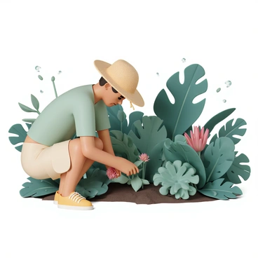 A gardener, wearing a wide-brimmed straw hat, a light green shirt, and beige cargo shorts, is tending to a vibrant array of large, lush tropical plants. The gardener is crouched down, examining the rich soil around a bright red flower emerging from the greenery. Various plants with broad leaves and vivid colors surround them, creating a dense and thriving atmosphere. The air appears thick with humidity, and tiny droplets of water can be seen clinging to the leaves of the plants. The scene is filled with a variety of textures and shades of green, enhancing the tropical feel of the garden.