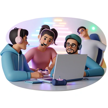 A group of three gamers, each wearing a headset, is gathered around a table with gaming equipment. The first gamer, a young man with short black hair, is wearing a blue hoodie and is focused on his laptop screen. The second gamer, a woman with long brown hair tied in a ponytail, sports a red T-shirt and is leaning forward, speaking animatedly into her microphone. The third gamer, a man with glasses and a green cap, is sitting back in a gaming chair, smiling and holding a game controller. Colorful LED lights are illuminating the room, adding a vibrant atmosphere to their gaming session. Each player shows excitement and engagement through their facial expressions and body language as they discuss strategies for the multiplayer game.