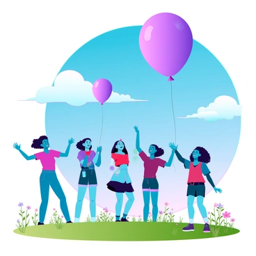 A vibrant scene featuring a diverse group of children happily releasing "purple balloons" into a clear blue sky. The children have various skin tones and hairstyles, with some wearing "colorful t-shirts" and "shorts." They are standing on a green grassy field, with a few wildflowers scattered around. In the background, there are "fluffy white clouds" dotting the sky, and the sun is shining brightly, casting warm light on the scene. The balloons are floating upward, creating a sense of joy and freedom as they ascend.