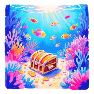 A book cover features an underwater scene filled with various colorful fish swimming amongst vibrant coral reefs. The fish display a range of hues, including bright blues, yellows, and reds. Prominently in the foreground, a weathered treasure chest lies partially buried in the sand, surrounded by shimmering pearls and glistening coins. Sunlight filters through the water above, creating dappled patterns on the ocean floor. The overall composition is lively and dynamic, capturing the essence of an underwater adventure.