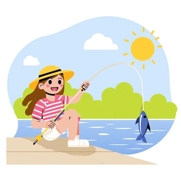 A young girl with long brown hair is sitting on a wooden dock. She is wearing a bright yellow sun hat and a striped red and white shirt. The girl is excitedly reeling in a shiny blue fish on a silver fishing line. The sun is shining brightly in a clear blue sky, casting warm rays over the scene. The water below is a sparkling turquoise, and there are a few fluffy white clouds lazily floating above. In the background, there are green trees lining the shore, completing the cheerful atmosphere of the sunny day.